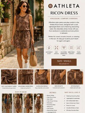 Athleta Ricon Sleeveless Drawstring Dress Brown Tie Dye Athletic Travel SZ1X